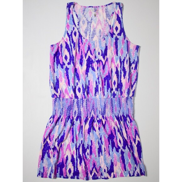 Lilly Pulitzer Tideline Mini Dress Blue Purple Print Smocked Sleeveless Women L - Picture 3 of 13